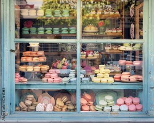 A vintage bakery shopfront with a window display of colorful macarons