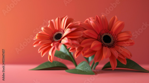 A close-up of two vibrant orange Gerbera daisies with intricate dark centers  set against a matching orange background.