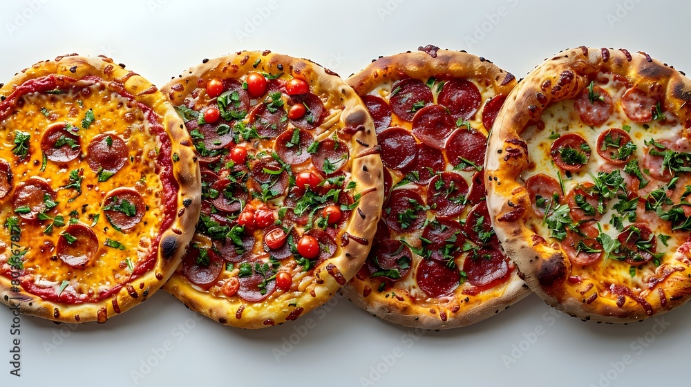 Tempting Pizza Collection: Six Mouthwatering Pizzas in a Beautiful Arrangement