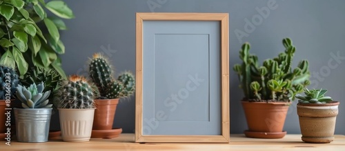 A close-up view of a wooden picture frame placed on a table surrounded by various green potted plants