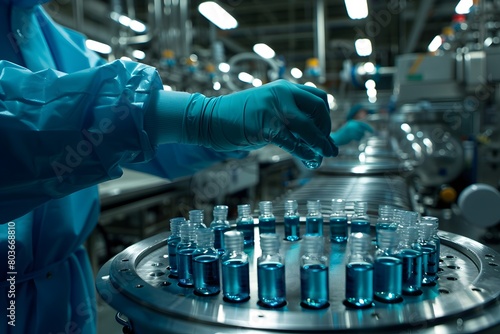 Un trabajador usando uniforme azul y guantes tomando un frasco azul. Produccion de vacunas en la industria  farmaceutica