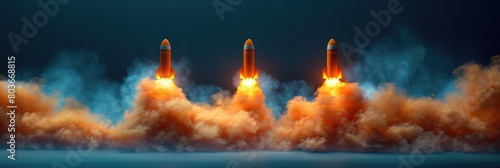 Three rocket launchers firing into the sky, orange smoke billowing out of them against dark blue background photo