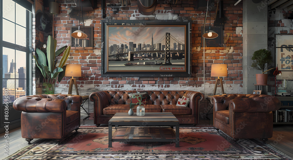 A rustic living room with distressed leather sofas