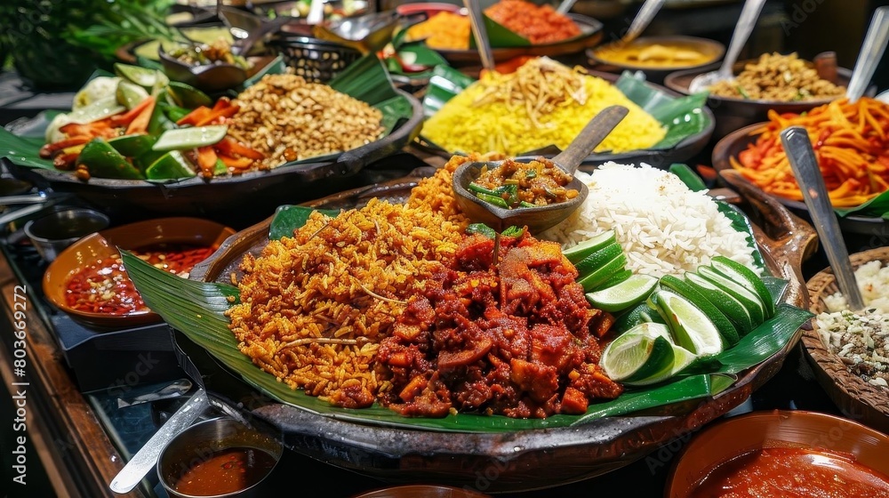 a colorful spread of food and utensils arranged on a wooden table, including a brown bowl, black bo