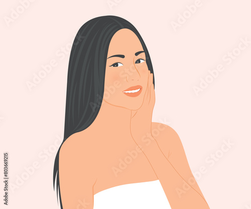 Beautiful young woman with long hair smiles happily with clear, pleasant skin. Vector illustration.