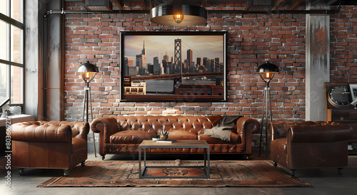 A rustic living room with distressed leather sofas photo