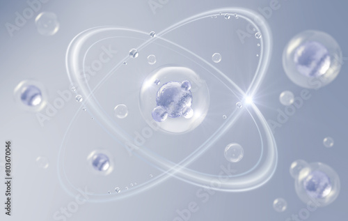 cosmetic moisturizer water molecule, Cosmetic Essence, Liquid bubble, Molecule inside Liquid Bubble on water background, 3d rendering © Anusorn