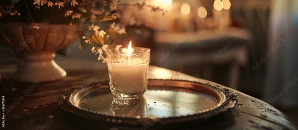 A simple candle placed on a decorative tray resting on a wooden table