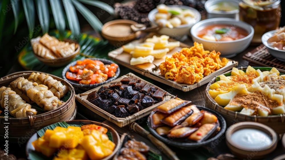 a table adorned with a variety of food items, including a white bowl, a brown basket, and a brown a