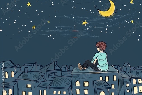 Cartoon cute doodles of an emo person sitting on a rooftop at night, stargazing and contemplating the mysteries of the universe, Generative AI