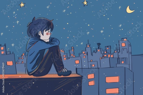 Cartoon cute doodles of an emo person sitting on a rooftop at night, stargazing and contemplating the mysteries of the universe, Generative AI