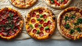 Irresistible Pizza Assortment: A Stunning Presentation of Six Delicious Pies