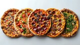 Sensational Pizza Display: Six Delectable Pizzas Positioned for Maximum Impact