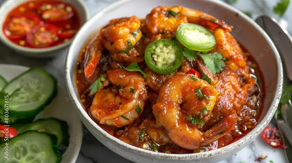 a white bowl filled with shrimp and vegetables sits on a transparent background, accompanied by a s a white bowl filled with shrimp and vegetables sits on a transparent background, accompanied by a s