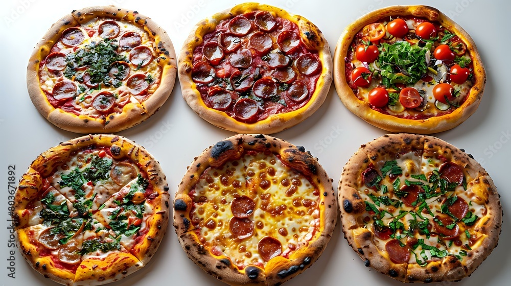 Captivating Pizza Lineup: A Beautifully Arranged Array of Six Delectable Pies