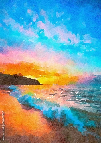 Sunset Sea Beach Sky Watercolor Illustration Art