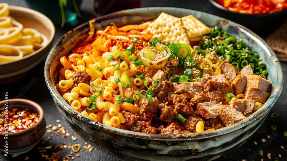 a bowl of pasta with meat and vegetables a bowl of pasta with meat and vegetables