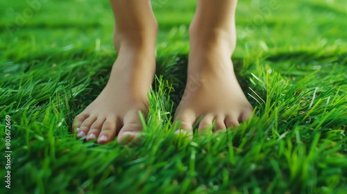 Children's bare feet dance on the grass, capturing the essence of carefree outdoor play. AI generative.
