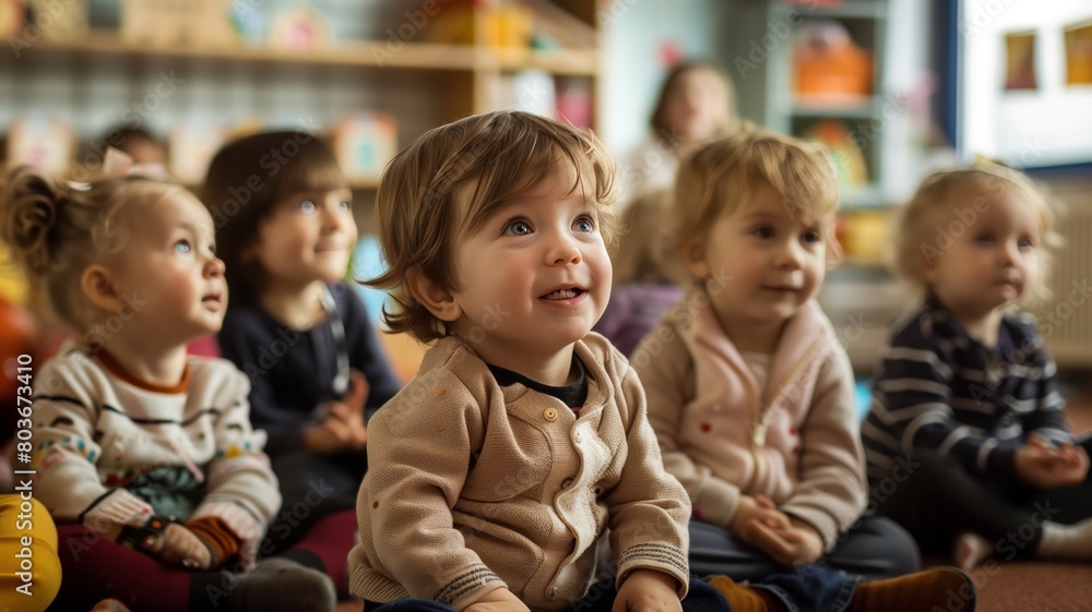 Kindergarden. Young children gathered on the floor in their classroom, engaged and attentive as they listen to their teacher with bright smiles on their faces Kindergarden. Young children gathered on the floor in their classroom, engaged and attentive as they listen to their teacher with bright smiles on their faces