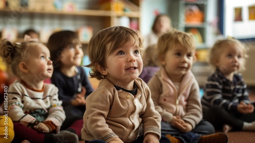 Kindergarden. Young children gathered on the floor in their classroom, engaged and attentive as they listen to their teacher with bright smiles on their faces