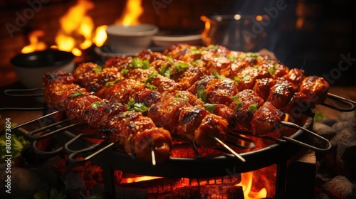 Delicious grilled yakitori with vegetable toppings  blur background