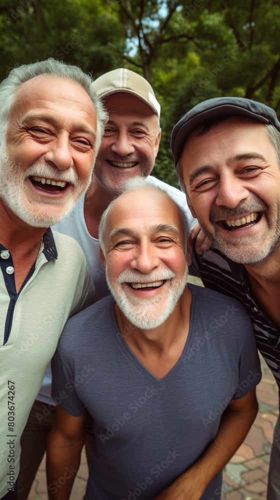 Four men, elderly retired friends Take a selfie outdoors With a smartphone, have fun and take photos with memories in nature. Four men, elderly retired friends Take a selfie outdoors With a smartphone, have fun and take photos with memories in nature.