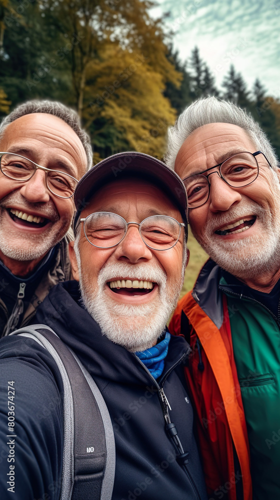 Three men, elderly retired friends Take a selfie outdoors With a smartphone, have fun and take photos with memories in nature. Three men, elderly retired friends Take a selfie outdoors With a smartphone, have fun and take photos with memories in nature.