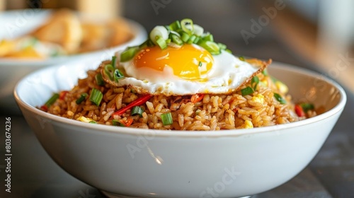 a bowl of rice topped with a fried egg and a red pepper, served on a white bowl with a shiny reflec photo