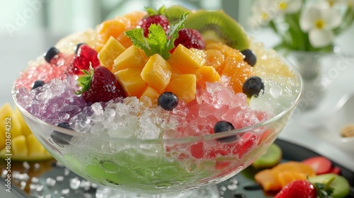 a clear glass bowl filled with fruit salad sits on a transparent background  accompanied by a white
