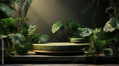 podium product stand or display with leaf  green background and cinematic light