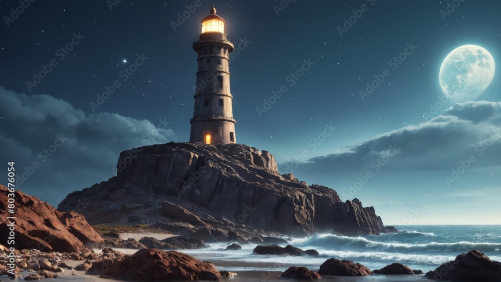 A lone white lighthouse stands guard on the rocky coastline, its powerful beam cutting through the night sky to guide ships at sea