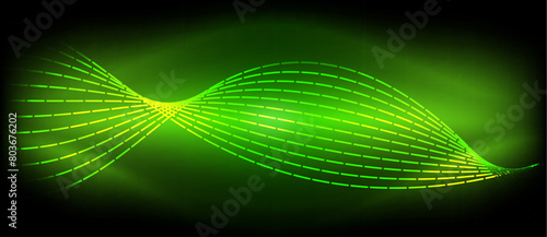 A symmetrical pattern of green and yellow waves glows in electric blue neon lighting against a dark green backdrop, reminiscent of terrestrial plant life underwater