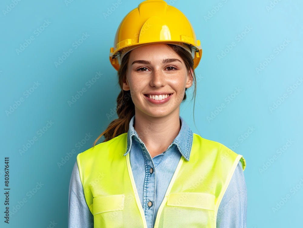 close-up portrait of Smiling female engineer with safety helmet and vest on plain background close-up portrait of Smiling female engineer with safety helmet and vest on plain background