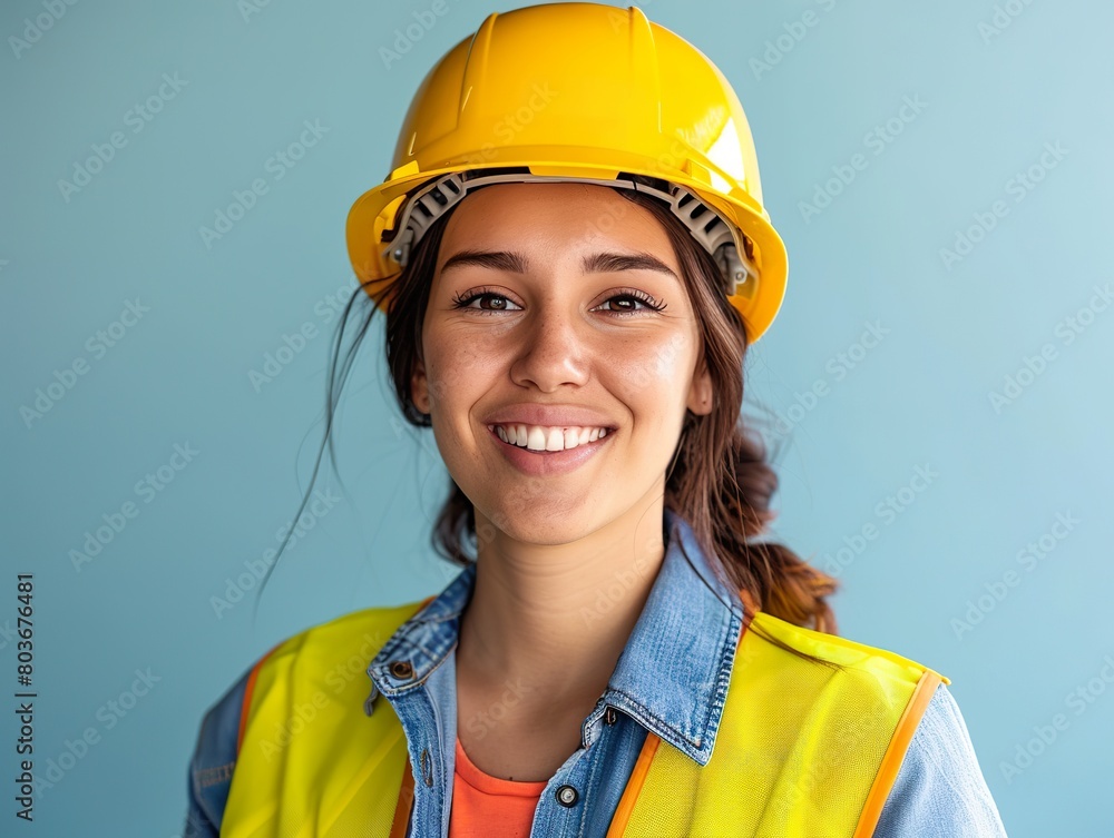 close-up portrait of Smiling female engineer with safety helmet and vest on plain background close-up portrait of Smiling female engineer with safety helmet and vest on plain background