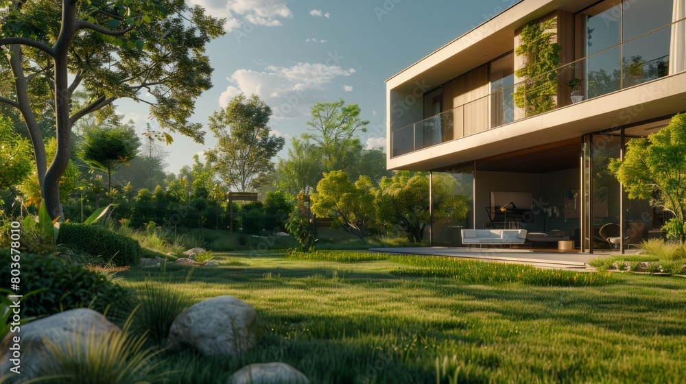 Obraz premium Hyper-realistic suburban home with lush garden. AI Generative.