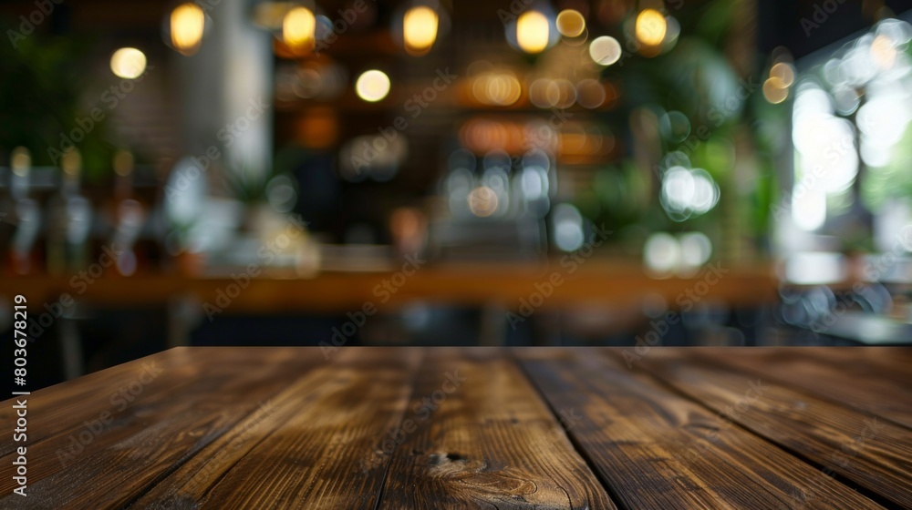 Empty wooden table with a blurred backdrop of a busy restaurant, perfect for product displays AI Generative.