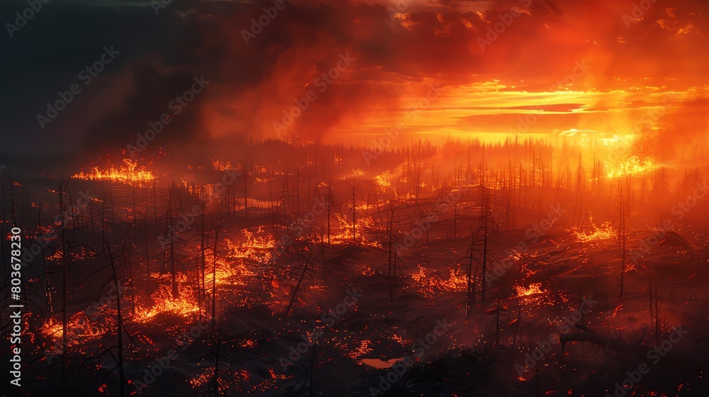 Create a stark, post-apocalyptic landscape with a tilted perspective, featuring remnants of civilization engulfed by a raging wildfire, juxtaposing the vibrant inferno against the desolate, grim surro