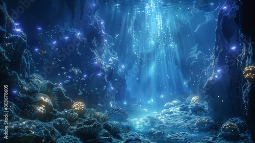 Explore a mystical deep-sea trench teeming with bioluminescent creatures in a CG 3D animation style Embark on a visually stunning journey through the depths, using dynamic camera angles that immerse v