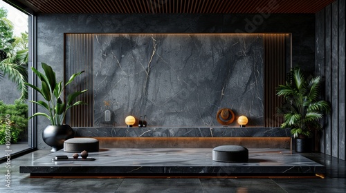 A modern TV wall featuring elegant black wood and marble, blending luxury with contemporary design, AI Generative.