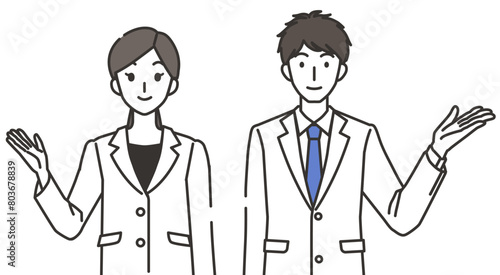 紹介する白衣を着た男性と女性のイラスト