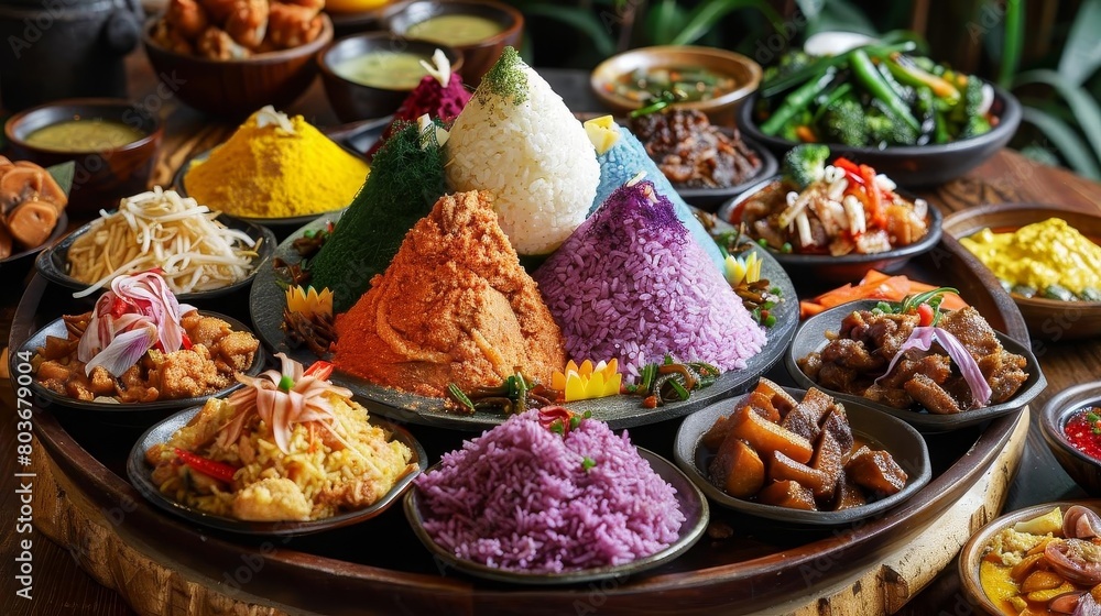 a colorful assortment of food items arranged on a wooden table, including a brown bowl, a purple bo