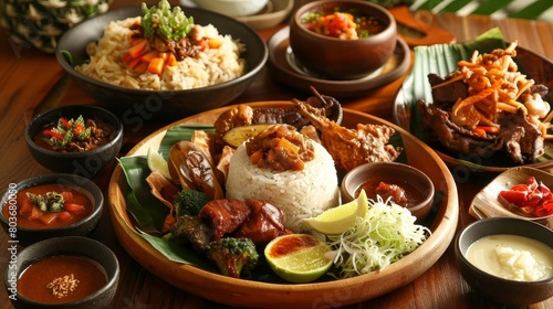 a colorful spread of food and drink items on a wooden table, including sliced lemon, white rice, an