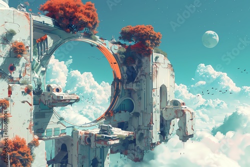 Craft a surreal scene from a sideways perspective, showcasing the synergy between futuristic robotic elements and dreamlike landscapes, playing with unexpected camera angles to provoke curiosity and a photo