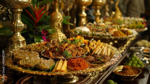 a buffet table adorned with a variety of food items, including a brown bowl, a metal and silver bow