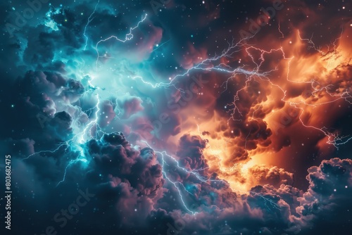 Colorful sky with lightning and beautiful clouds at night
