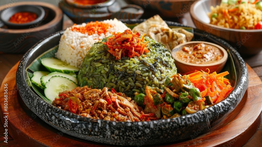 a plate of food featuring sliced cucumbers, white rice, and a variety of bowls, including a brown b a plate of food featuring sliced cucumbers, white rice, and a variety of bowls, including a brown b