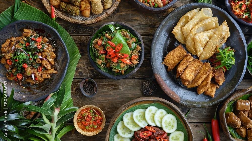 a wooden table adorned with a variety of bowls filled with food, including a green bowl, a blue bow a wooden table adorned with a variety of bowls filled with food, including a green bowl, a blue bow