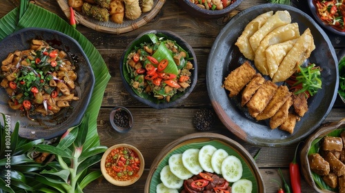 a wooden table adorned with a variety of bowls filled with food, including a green bowl, a blue bow