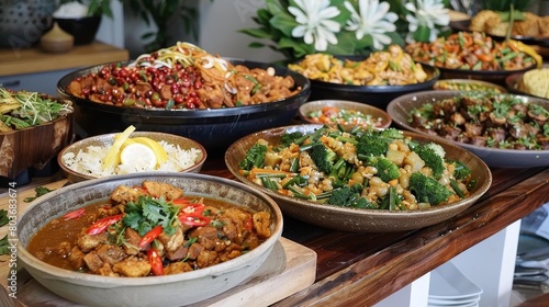 a table set with a variety of bowls filled with food, including a white bowl, a black bowl, and a b