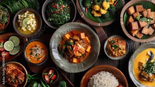 a colorful assortment of bowls filled with a variety of food, including sliced red tomatoes, white